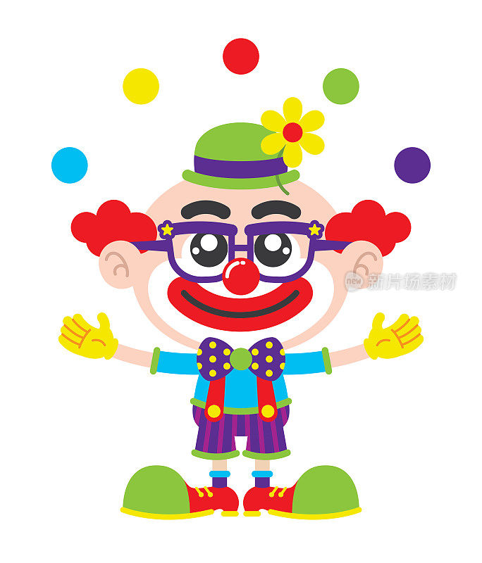马戏团小丑杂耍球矢量插图