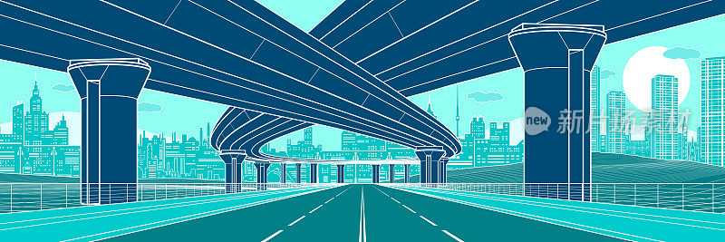 丰富多彩的城市建筑和基础设施插图，汽车立交桥，大桥，城市场景。晚上小镇。大型高速公路。白色轮廓在彩色背景上。矢量设计艺术