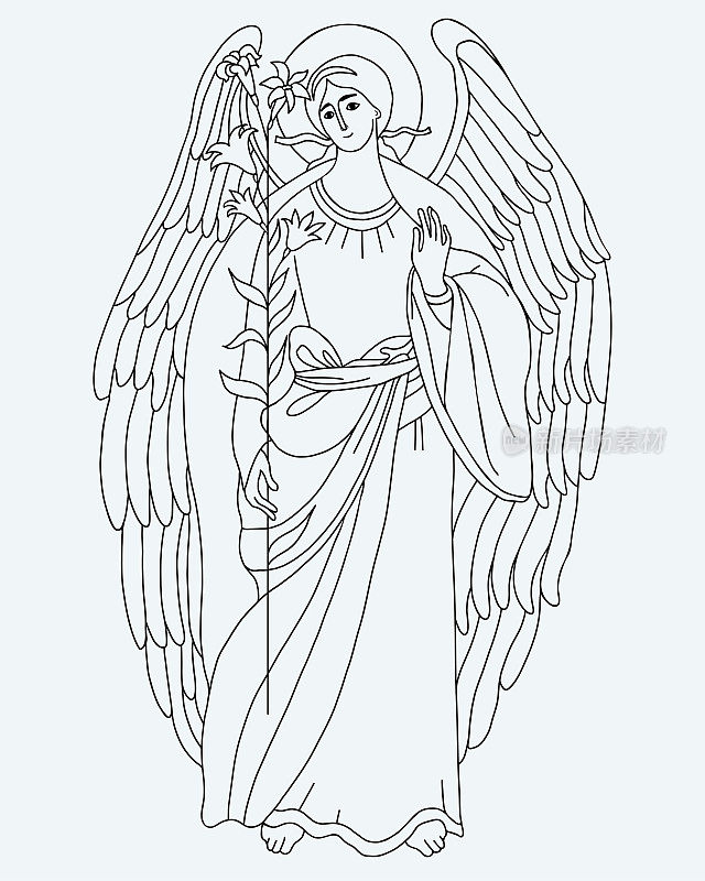 大天使加百列和莉莉。天上的使者。矢量插图。宗教轮廓手绘