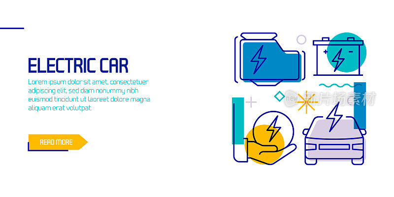电动汽车相关设计元素。带有轮廓图标的图案设计。色彩斑斓的矢量图