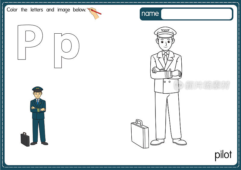 矢量插图的儿童字母着色书页与概述剪贴画，以颜色。字母P代表Pilot。