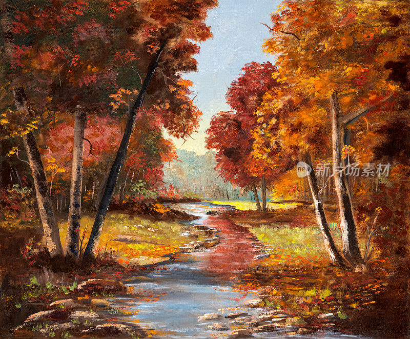 森林溪秋景油画