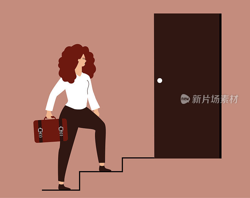 女商人一步步走向成功。攀登事业阶梯的年轻女子。自信的企业家拿着公文包，站在楼梯上。职业目标，女性赋权理念。