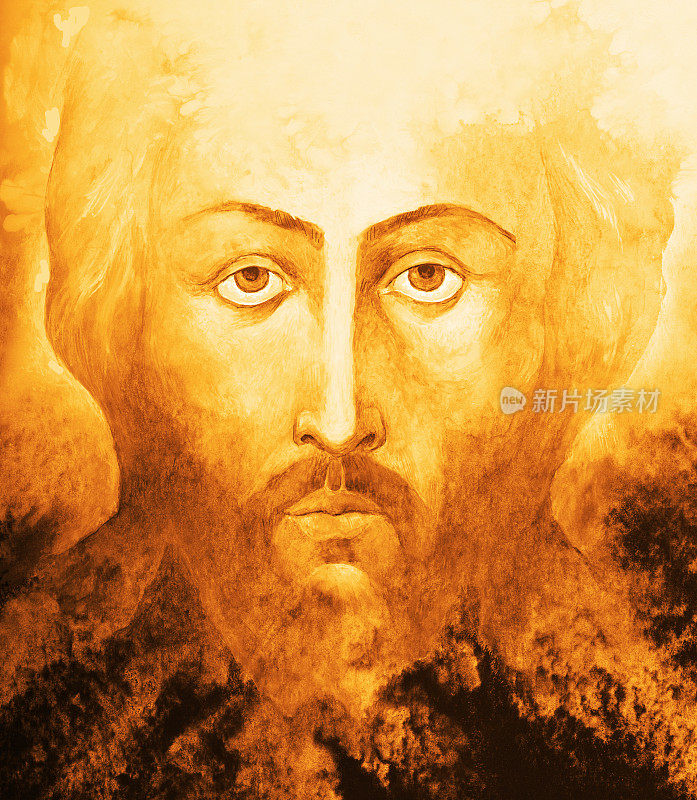 宗教插图原创神圣绘画彩绘象征性肖像图标的上帝耶稣基督的脸在一个抽象的背景在日出的阴影