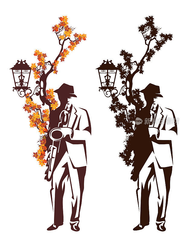 爵士音乐家站在街灯下演奏萨克斯管在秋叶和树枝之间矢量轮廓