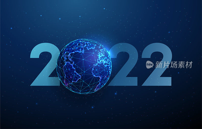 快乐星球2022新年贺卡。低聚风格设计。抽象的几何背景
