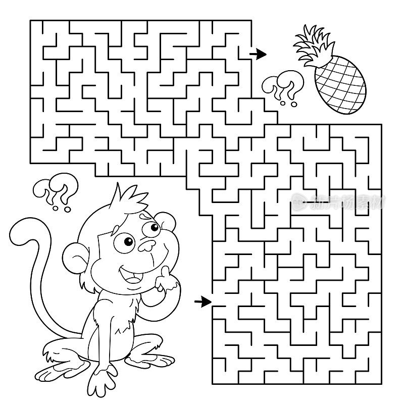 迷宫或迷宫游戏。谜题。彩色页大纲的卡通小猴子与菠萝。收集水果。儿童涂色本。