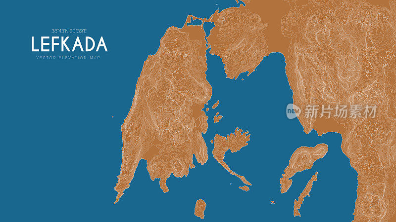 希腊Lefkada地形图。矢量详细高程地图的岛屿。地理优美的景观轮廓海报。