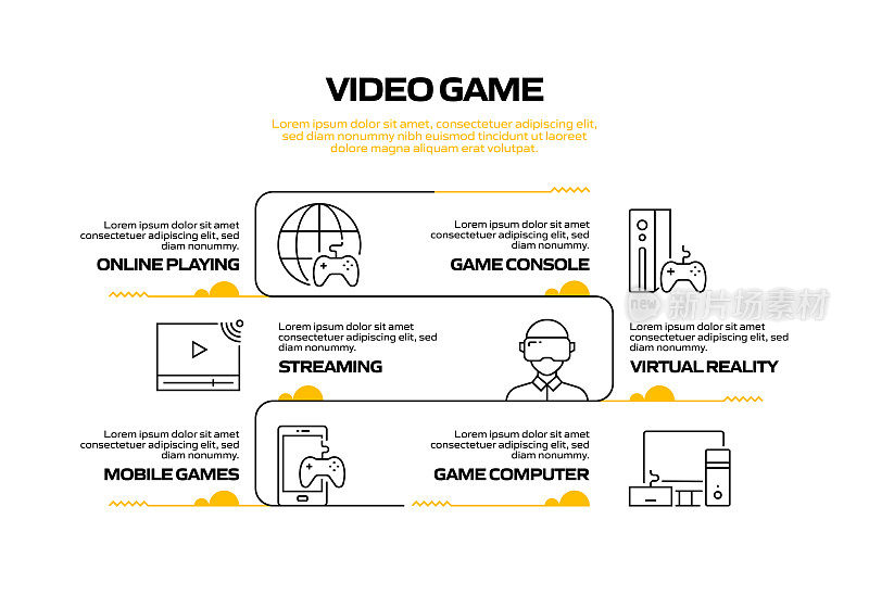 视频游戏相关流程信息图表模板。过程时间图。带有线性图标的工作流布局