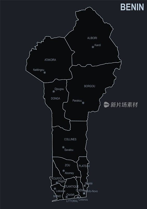 贝宁的平面地图，以黑色为背景的城市和地区