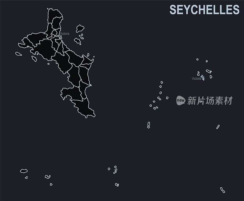 塞舌尔的扁平地图，黑色背景上有城市和地区