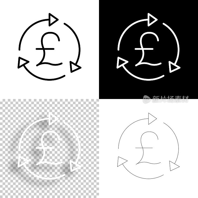 英镑重新加载。图标设计。空白，白色和黑色背景-线图标