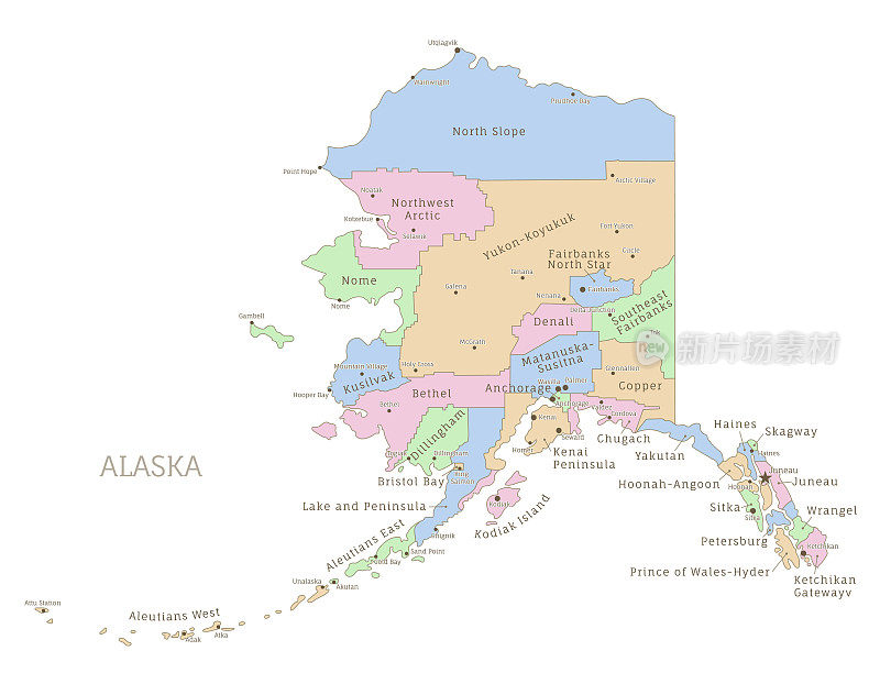 阿拉斯加州行政地图与部门的名称