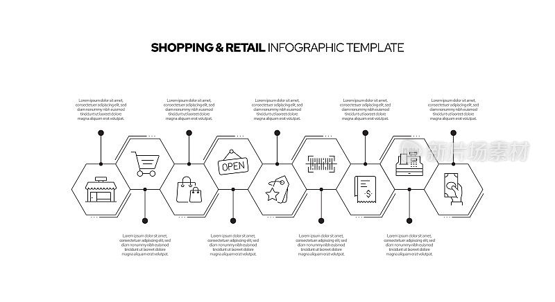 购物和零售概念矢量线信息图形设计图标。9选项或步骤的介绍，横幅，工作流程布局，流程图等。