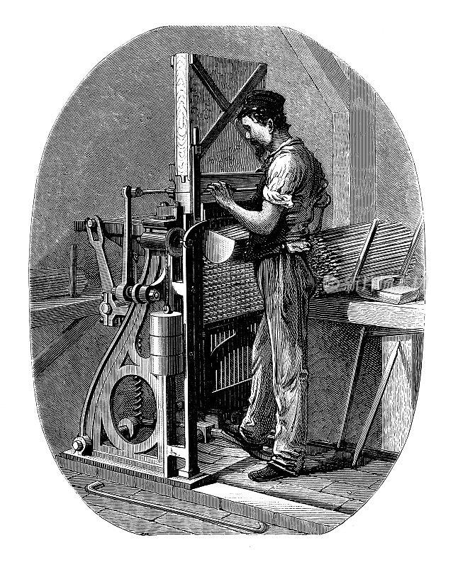 19世纪工业、技术和工艺的古玩插画:火柴制作