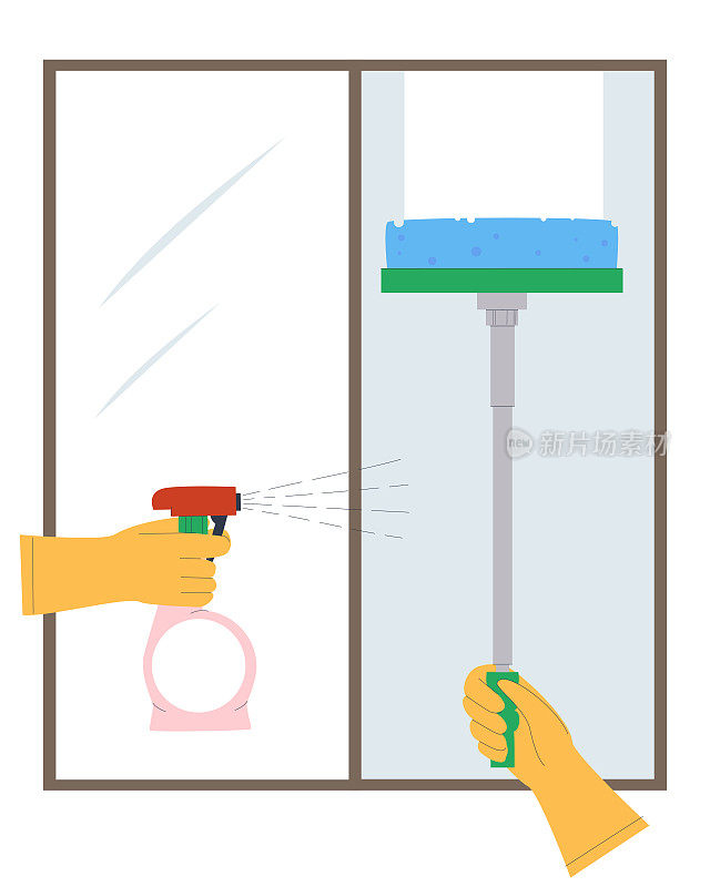 用特殊的喷剂和擦窗拖把清洗脏窗户。清洁服务。平面向量