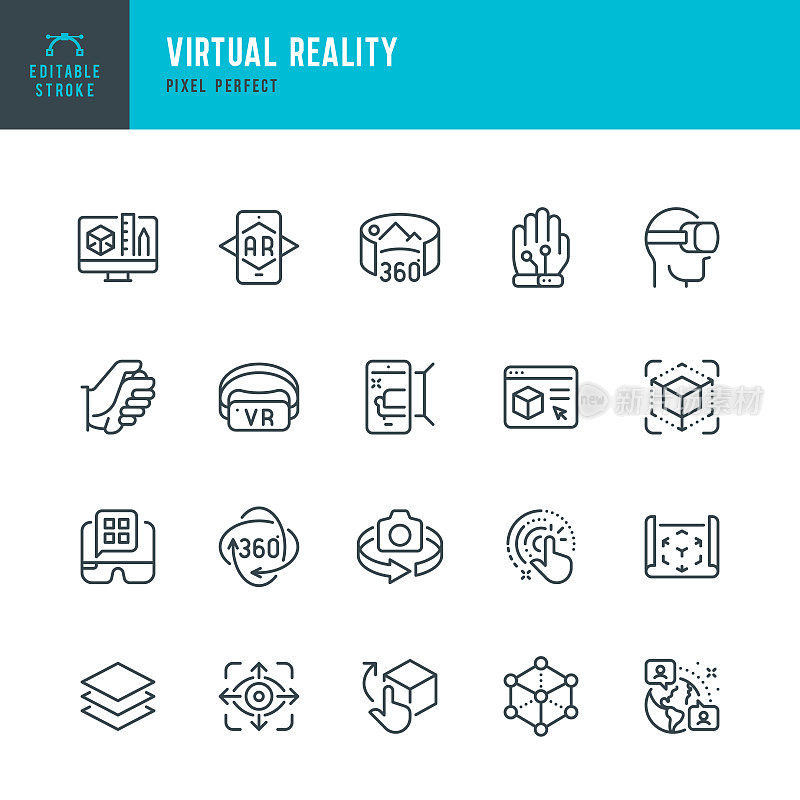 虚拟现实-细线矢量图标集。像素完美。可编辑的中风。该集合包含图标:虚拟现实，增强现实，智能眼镜，互动，元世界，360度视图。