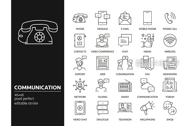 通信矢量绘制图标在48px网格与1px笔画宽度。信息图形、移动和网络等。