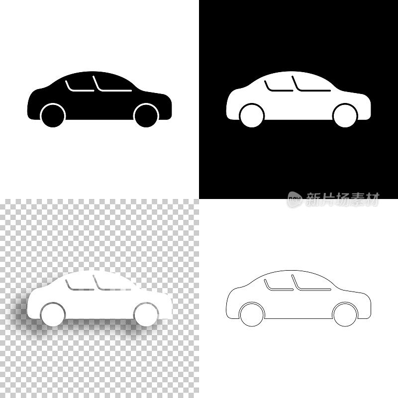汽车侧面视图。图标设计。空白，白色和黑色背景-线图标