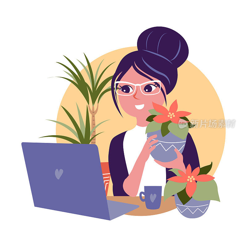 女商人拿着一个花盆，坐在一台笔记本电脑旁边。黑发女孩和一品红