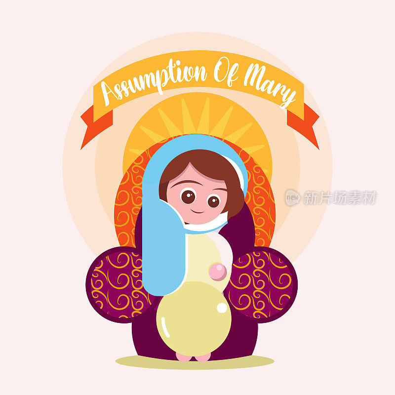 圣母升天矢量插画问候，上帝天使圣母玛利亚绘画，宗教海报，8月15日，重要的一天艺术