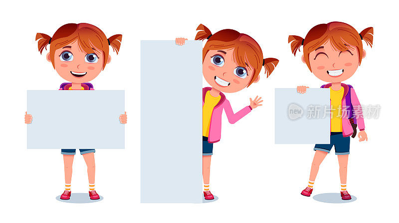 女生呈现向量字符集。学校女生集手持和展示白板元素孤立在白色背景中为教育学生展示设计。