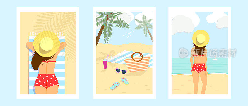 矢量夏天的时间插图卡别针女孩戴着帽子在海滩上棕榈树放松。复古海报。