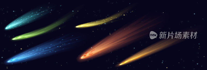 在太空中坠落的彗星与恒星、明亮的光线以及流星和小行星的运动