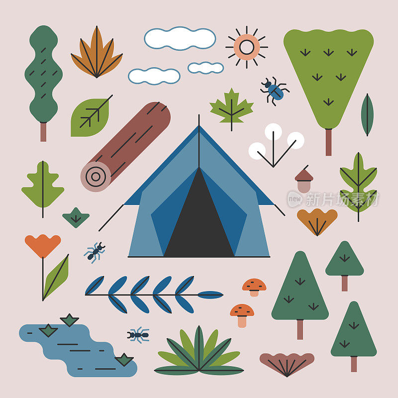 露营帐篷与林地树木和植物-亮线系列