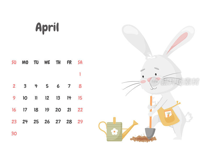 日历页为2023年4月的一只可爱的小兔子，用铲子挖土，种胡萝卜。兔子的园丁。可爱的动物，一个色彩柔和的角色。矢量插图在白色。