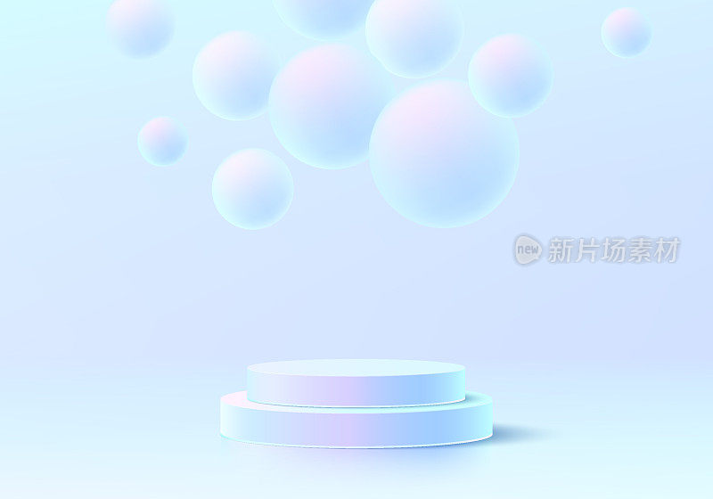 逼真的蓝色粉红色的3D圆柱体基座平台与蓝色全息投影球体或气泡飞行。抽象最小场景的产品模型，舞台展示，促销展示。向量的几何形式。