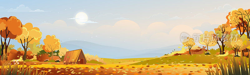 秋天的乡村景观在傍晚的光线与日落，蓝色和橙色的天空背景，矢量卡通秋天的乡村与森林树木和草地与日出，背景自然