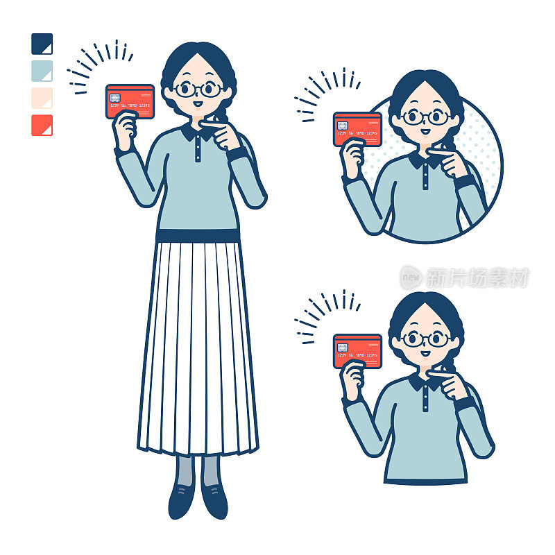 一个戴着眼镜的年轻女子指着信用卡的图片