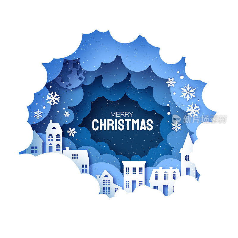 冬天下雪的圣诞树。带房子的城乡景观。城村月圆。拜年纸艺术工艺风格。的框架。蓝色的。