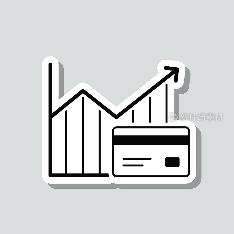 不断增长的图形与信用卡。灰色背景上的图标贴纸