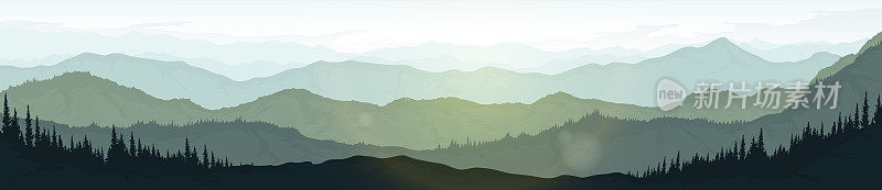 广袤的山脉。自然风光，早晨阳光明媚。