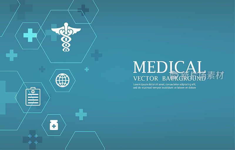 现代矢量医疗壁纸。几何六角形状。医疗图标。蓝色的向量的背景。