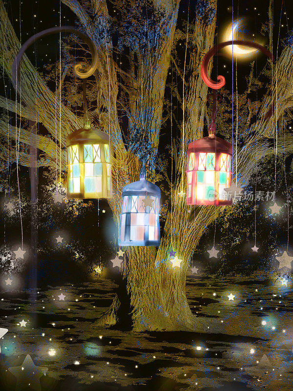 圣诞背景插图，一盏彩色的灯挂在一棵老树上，月亮和星星在美丽的夜空中闪烁