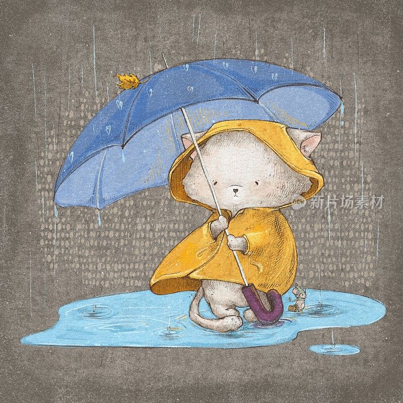 雨中可爱小猫的插图