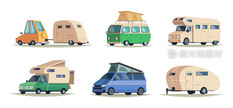 露营车。复古房车为户外露营旅行道路度假快乐旅游符号精确矢量卡通图片