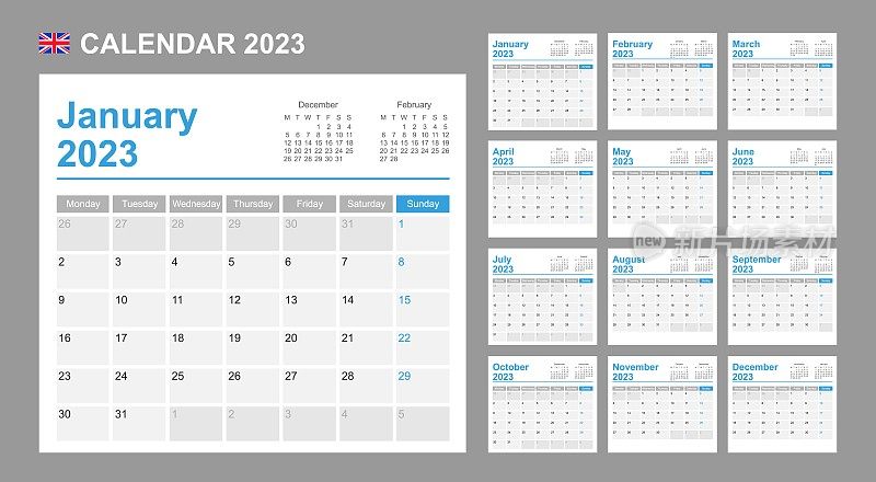 英国2023年的日历。一周从周一开始。简单的向量模板。业务设计计划。