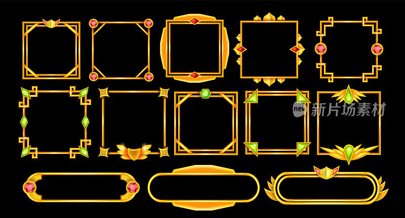 游戏框架向量集，虚拟角色UI奇幻RPG黄金边框，中世纪古facecam菜单，红绿宝石。