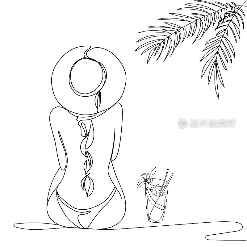 年轻女子在沙滩上喝着鸡尾酒。线条艺术矢量插图。连续线画了一个戴着帽子的女孩在棕榈树下的背影。暑假。夏季的概念