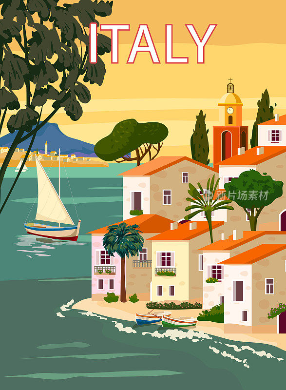 复古海报意大利，地中海浪漫景观，山川，海滨小镇，帆船，大海。复古的旅游海报