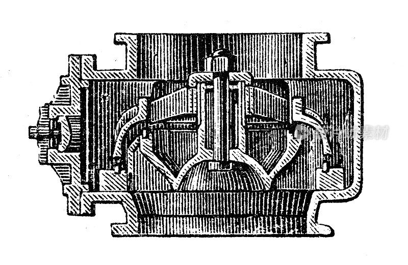 古董插图，应用力学:蒸汽动力机器，阀门