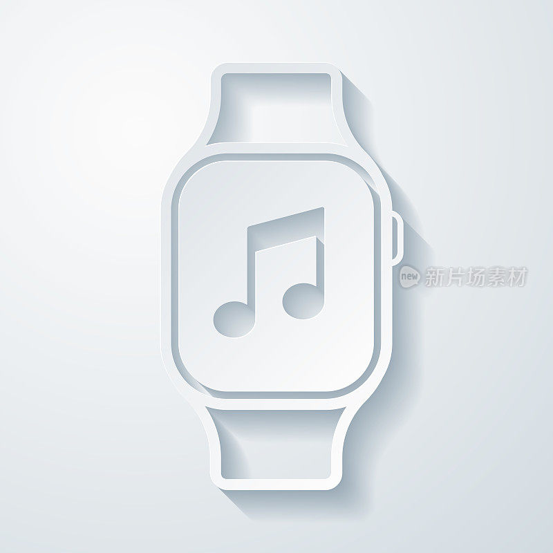 smartwatch音乐。空白背景上剪纸效果的图标