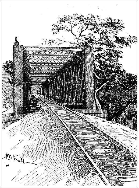 仿古图片:刚果的铁路建筑，克威卢河上的桥