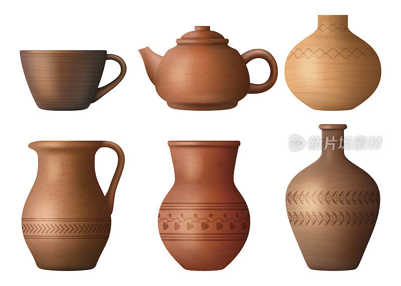 陶罐。手工制作的真实的粘土厨房用具收集杯子，锅和水壶体面的矢量集