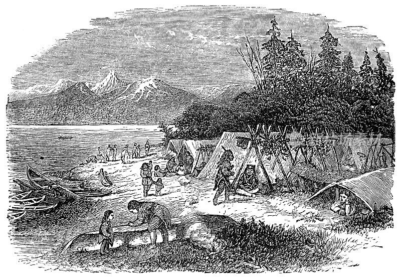 美国阿拉斯加州河边的阿拉斯加土著营地——19世纪
