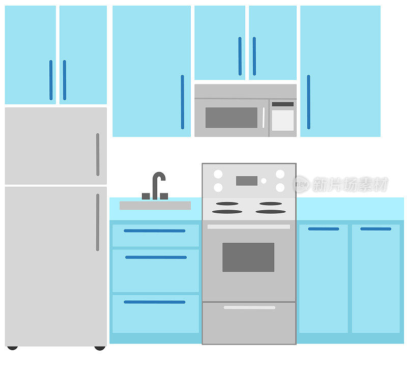 一个现代小厨房的矢量插图。